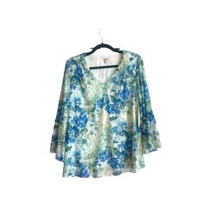 Reba Blues Travelers, Blue, Green, and Yellow, Rustic Boho Ruffle Sleeves Blouse